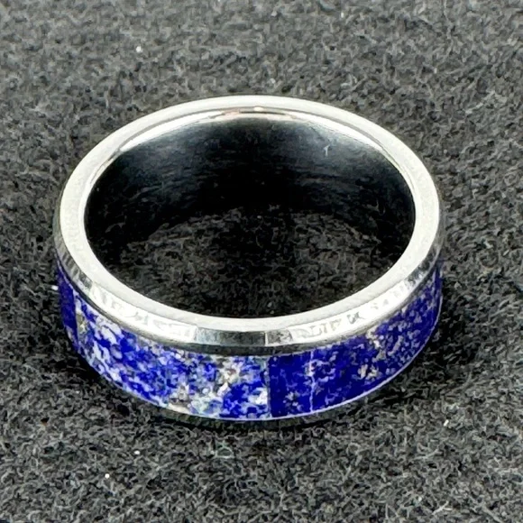 Lapis Silver Inlay Ring, Lapis Stone Inlay Tungsten Ring - 8mm size 9 3/4 - Picture 3 of 3